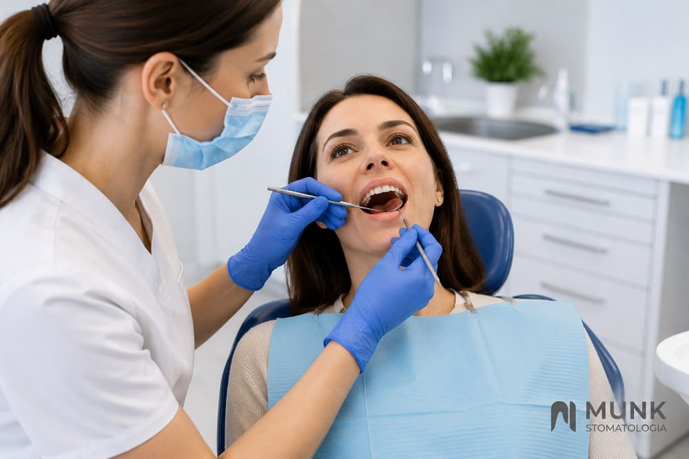 Periodontolog bada przerost dziąseł u pacjentki